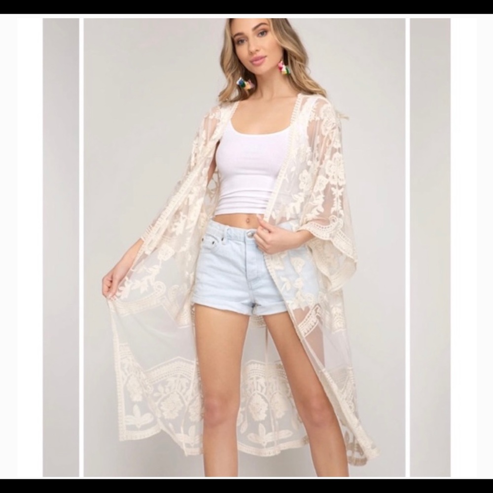 Sheer Ivory Lace Kimono - Picture 1 of 3